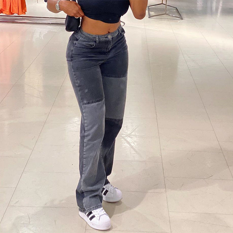Women's Gray And Black Contrast Stitching Hip-Hop Street Style Jeans Women Abyssal Gear
