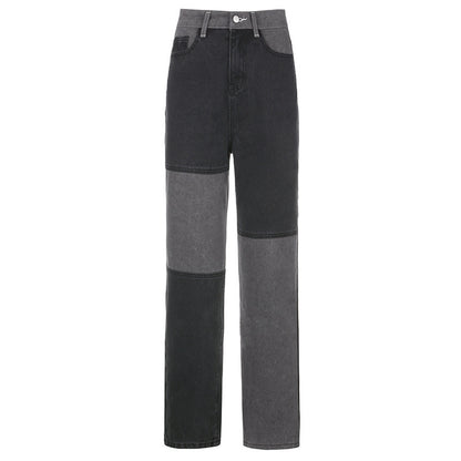 Women's Gray And Black Contrast Stitching Hip-Hop Street Style Jeans Women Abyssal Gear