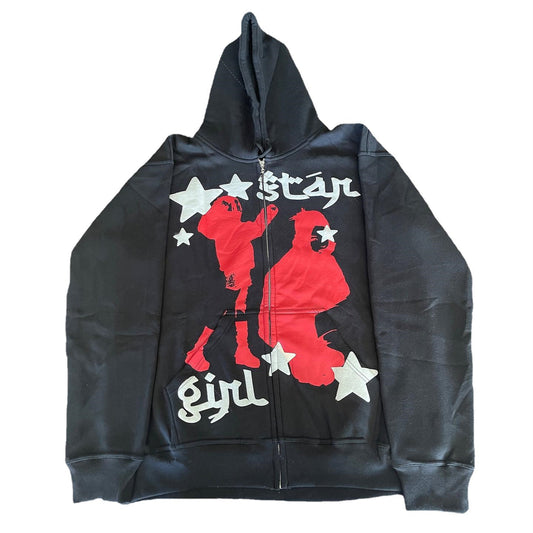 Street Hip Hop Star Print Black Zip Hoodie Sweatshirt Women Abyssal Gear