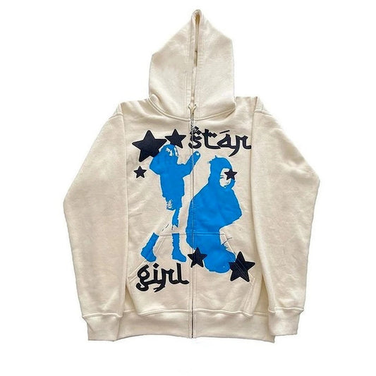 Street Hip Hop Star Print Black Zip Hoodie Sweatshirt Women Abyssal Gear